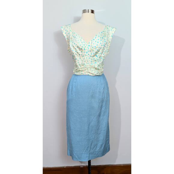 Rembrandt Blue Polka Dot and Linen 40s Dress - Picture 2 of 8